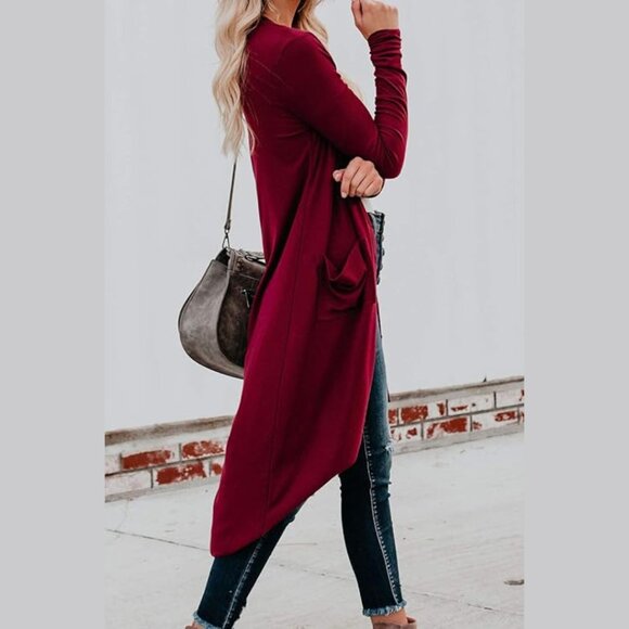 Long Cardigan High Low Button Down Lightweight Maroon Size XL - Picture 3 of 12